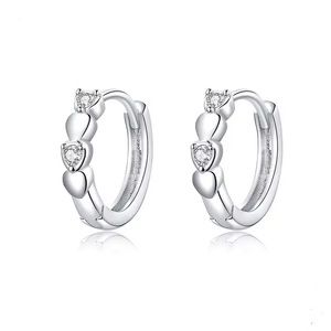 925 Sterling Silver Repeating Heart Round Huggie Hoop Earrings